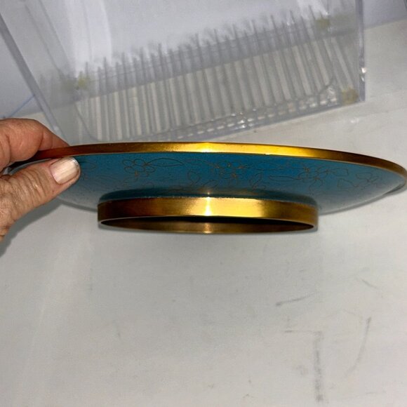 10" Chinese Cloisonne Enamel Brass Plate Holiday Colors Autumn Gold Green Footed - Picture 3 of 10